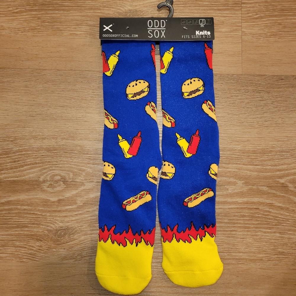 Odd Sox Mens Crew Socks Novelty Hamburger Ketchup Mustard Hot Dog Size 6-13 New